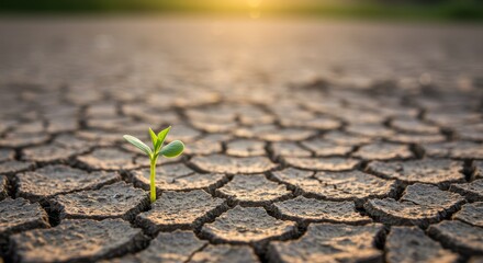 Resilience of Life in Arid Land - A small plant sprout emerges from cracked, dry earth, symbolizing hope, growth, and perseverance in harsh conditions