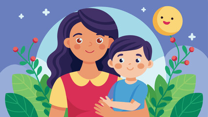 Cartoon Mother and Son Embrace Underneath Smiling Sun, Surrounded by Plants and Flowers