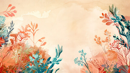 Watercolor painting of coral and teal seaweed with leaves and branches on a beige textured background