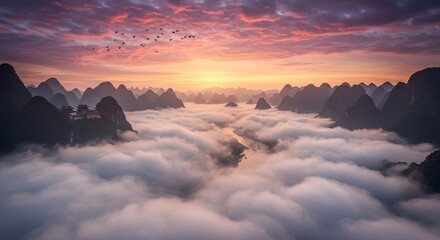 Serene Sunrise Over Misty Mountains and River - Peaceful dawn scene, symbolizing tranquility, nature's beauty, spiritual awakening, hidden serenity, and the passage of time