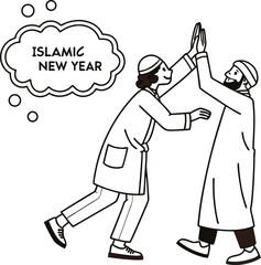 Minimalist One Line Drawing of Two Muslim Men Celebrating Islamic New Year