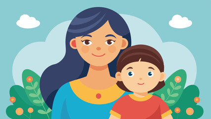 Cartoon Illustration of a Mother and Child in Front of Blue Sky and Plants