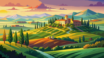 Fototapeta premium Tuscany landscape panorama at sunrise, Val d'Orcia, Italy .Very beautiful