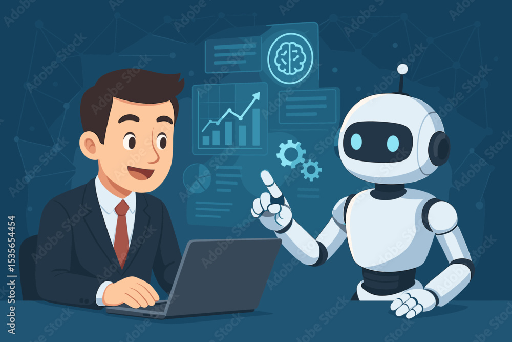 Poster ai robot and businessman collaborate on business intelligence, analyzing growth charts on a virtual 