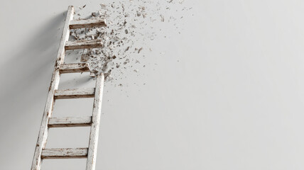 A wooden ladder ascending towards a breaking wall, symbolizing breakthrough and overcoming barriers. The image evokes themes of progress, ambition, and deconstruction