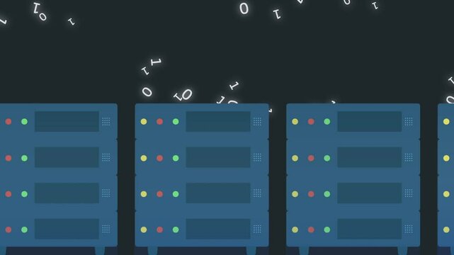 multiple server rack flicker with line code fly out. Cloud data center system