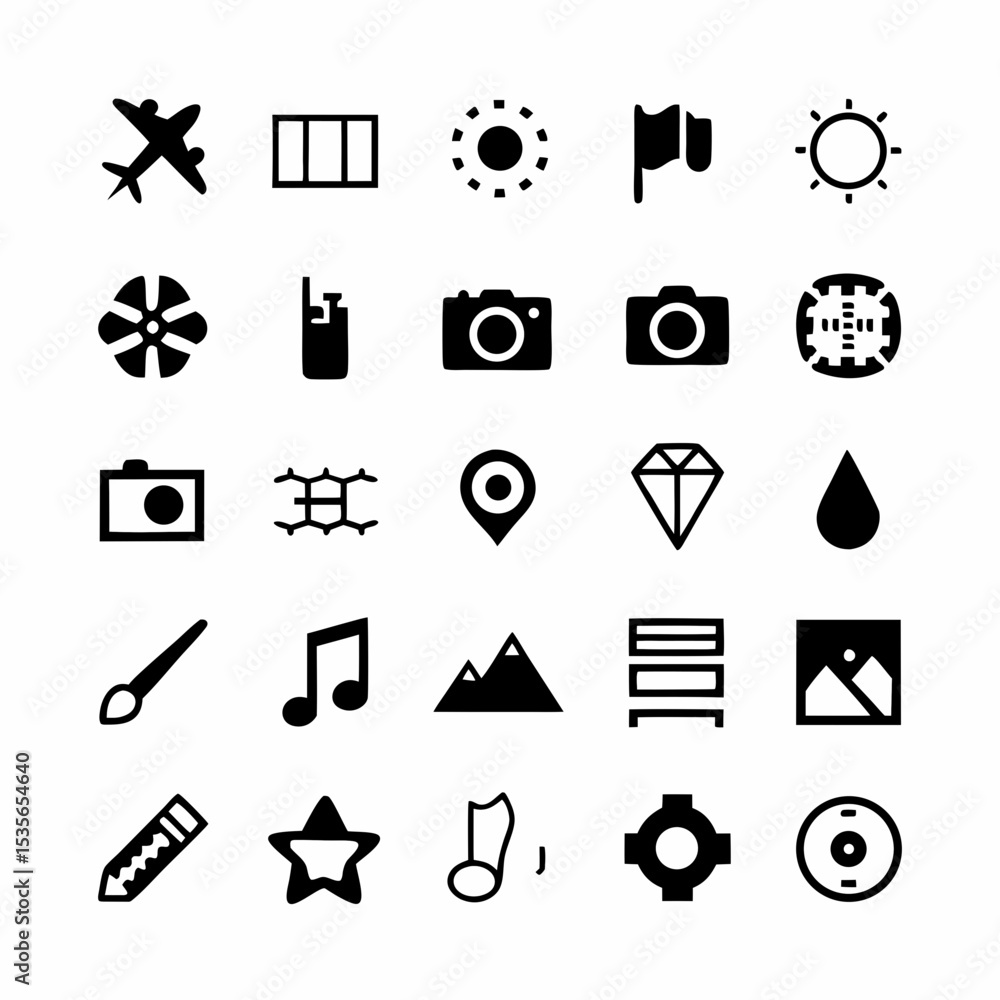 Poster create a set of clean, minimalist icons depicting various airplanes and airport infrastructure eleme