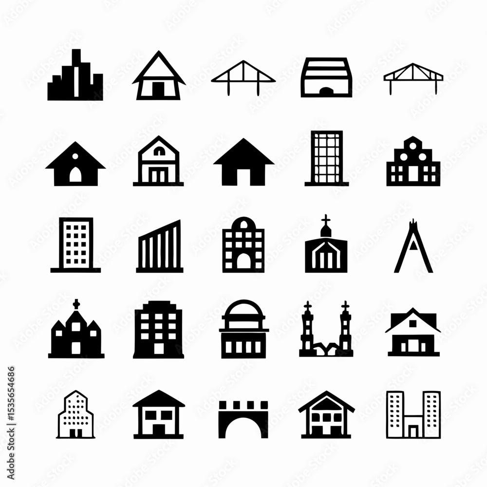 Poster create a diverse set of high-quality vector icons depicting various architectural styles and buildin