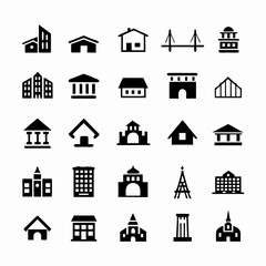 Create a diverse set of high-quality vector icons depicting various architectural styles and building types, including skyscrapers, houses, and historical landmarks.