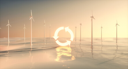 Futuristic 3d landscape background with neon reuse reduce recycle symbol and wind turbine. Sustainable technology concept