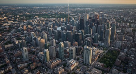 Toronto Skyline Aerial View at Sunset - Stunning aerial view of Toronto's cityscape at sunset. Modern architecture, urban development, vibrant energy, Canadian identity, and a breathtaking panorama
