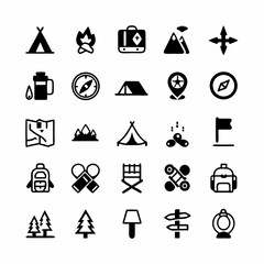 Design a set of vibrant camping and adventure icons, including tents, backpacks, maps, compasses, mountains, and campfire elements.