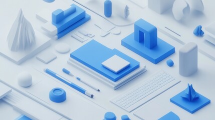 Abstract 3D Workspace with Geometric Shapes and Office Supplies