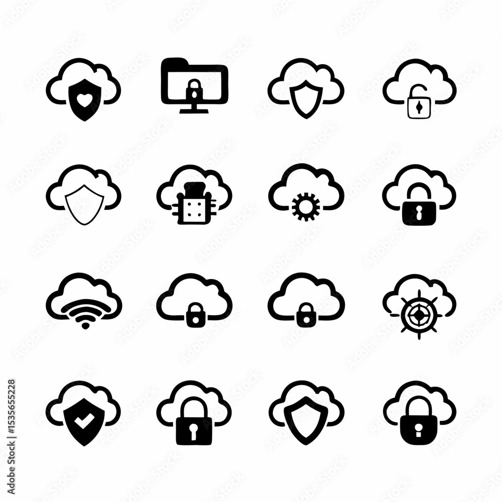 Aufkleber design a comprehensive icon set depicting various cloud security measures, including encryption, fir