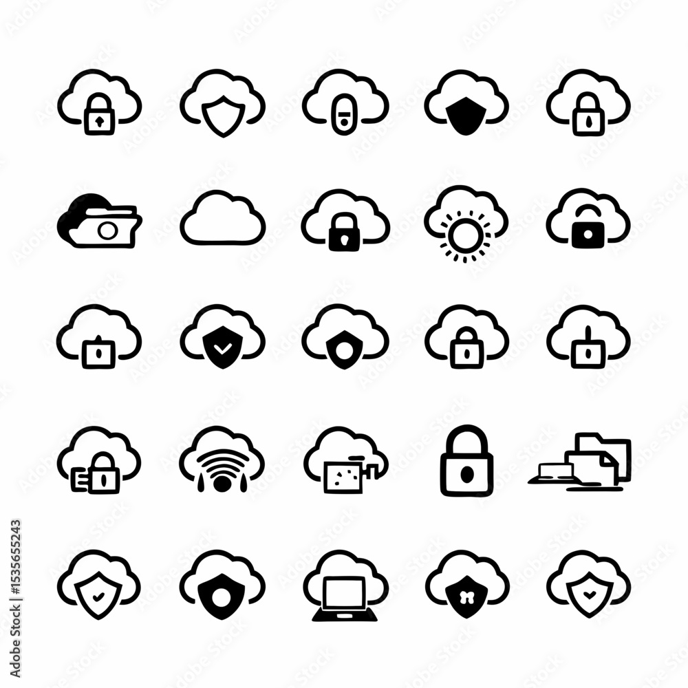 Poster design a comprehensive icon set depicting various cloud security measures, including encryption, fir