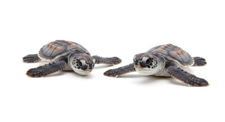 Two Baby Sea Turtles Hatchlings - Adorable of two tiny sea turtle hatchlings crawling on a white background. Perfect for nature, wildlife, and conservation themes