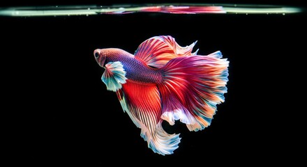 Vibrant Betta Fish in Dark Water - A colorful Siamese fighting fish with red, pink, blue and white fins swims in dark water. Beautiful aquatic life