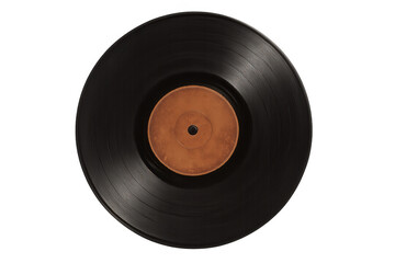 Obraz premium Top view of a black vinyl record with a brown label, isolated on a transparent background, perfect for music-related projects