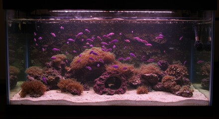Vibrant Purple Fish Aquarium Scene - Serene underwater world, purple fish, coral reef, aquatic life, peaceful environment. Symbolizes tranquility, beauty, nature, harmony, and vibrant life