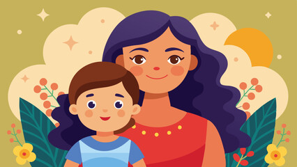 Cartoon Illustration of Smiling Mother and Daughter Surrounded by NatureInspired Design Elements