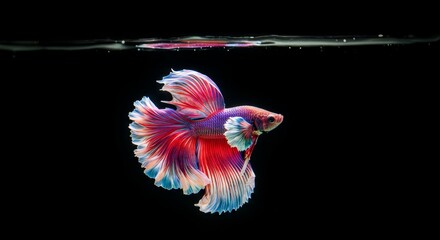 Vibrant Siamese Fighting Fish - A stunning close-up of a Siamese fighting fish with vibrant red, pink, and blue fins, gracefully swimming against a black background