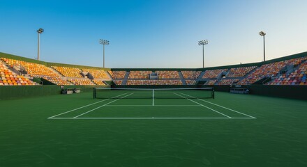 Vibrant Tennis Stadium Under Blue Skies - A captivating symbolizing competition, athleticism, victory, sportsmanship, and summer. Ready for a thrilling match