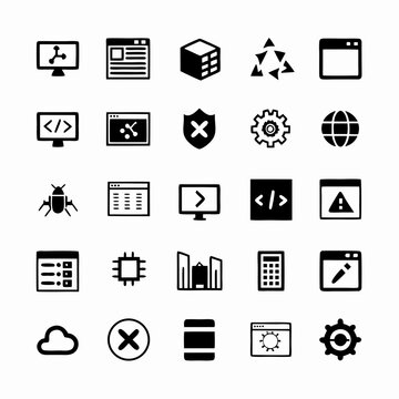 Create a diverse icon pack representing coding, development, and software engineering concepts.  Include icons for various programming languages, debugging, databases, and cloud computing.