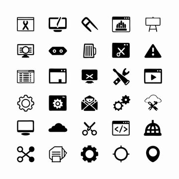 Create a diverse icon pack depicting various aspects of coding and software development, including  programming languages, debugging, databases, and cloud computing.