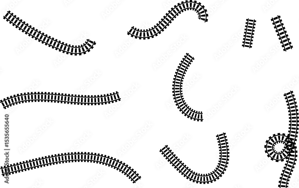 Fototapete Railway train track vector route. Rail line, subway map, and railroad elements for game UI and graphic design icon set easy to edit. Rail pattern round circular curve railroad path icon