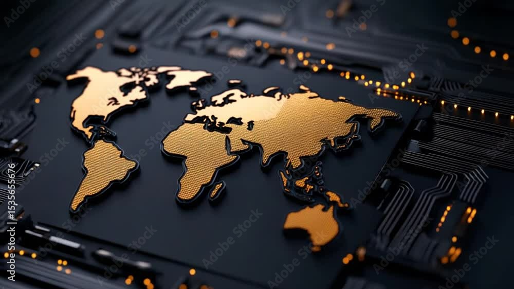Poster abstract digital world map design on a dark background with glowing orange circuit patterns and futu