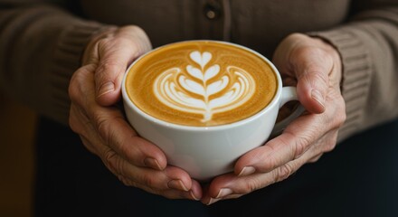 Warmth in Gentle Hands: A Latte Art Coffee Moment - Hands carefully hold a steaming latte, showcasing intricate latte art.