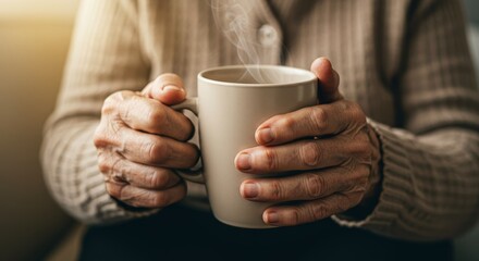 Warmth in Winter Hands Holding Mug - Elderly hands gently cradling a warm mug, symbolizing comfort, age, warmth, tranquility, and peace