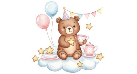 Watercolor Bear Cub's Cloud Tea Party - Adorable watercolor bear cub enjoys a tea party on a cloud, surrounded by star-shaped cookies and balloons.