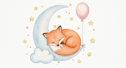 Watercolor Fox Sleeping on Crescent Moon - Peaceful fox dreams on a cloud-shaped moon, symbolizing serenity, dreams, hope, childhood, and wonder