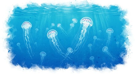 Watercolor Jellyfish Ocean Heart - Serene underwater scene, jellyfish gently swim, sunlight beams create heart shape, evokes peace, tranquility, and marine life beauty