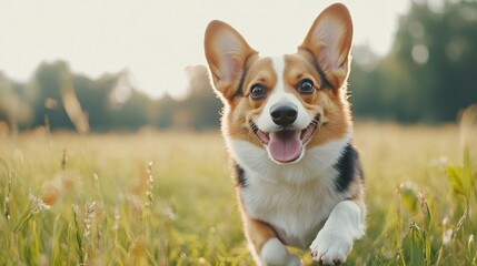 Energetic Corgi running through a grassy field with happy expression