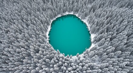 Winter Forest Lake View - Serene turquoise lake nestled in a snow-covered forest, symbolizing tranquility, nature's beauty, winter wonderland, hidden gem, and aerial perspective