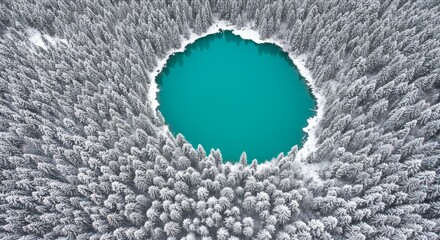 Winter Lake Encircled by Snow-Covered Trees - Serene winter landscape, turquoise lake encircled by snow-dusted evergreen trees, aerial view, peaceful nature, winter wonderland
