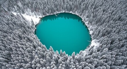 Winter Lake in Snow Covered Forest - Aerial view of a vibrant turquoise lake nestled within a snow-covered pine forest. The scene is serene and picturesque