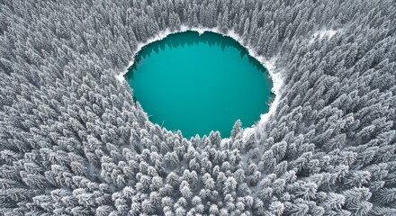 Winter Lake Surrounded by Snow-Covered Trees - Aerial view of a vibrant turquoise lake encircled by a ring of snow-dusted evergreen trees in winter