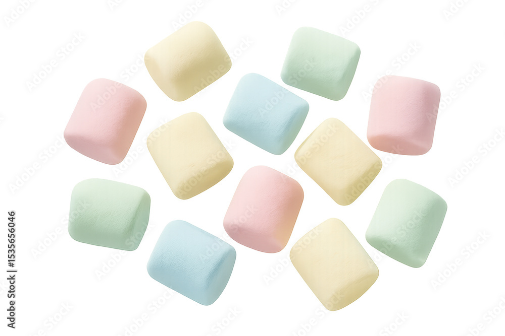 Poster pastel-colored marshmallows falling against a transparent background, creating a sweet and playful i
