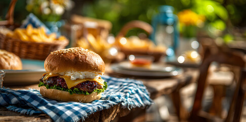Delicious Burger with Sesame Bun on Checkered Cloth in Sunny Outdoor Picnic Setting
