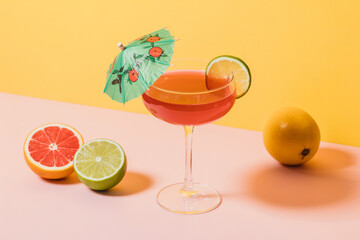 A vibrant cocktail with a paper umbrella and citrus fruits on a split color background setting