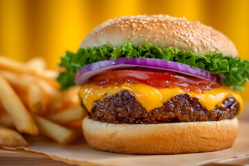 Delicious Cheeseburger With Fresh Ingredients And Golden French Fries On Yellow Background