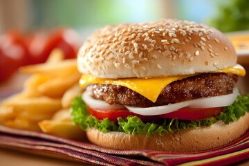 Delicious Cheeseburger With Sesame Seed Bun and Golden Fries With Tomatoes