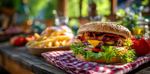 Delicious Gourmet Burger with French Fries Tomato on Wooden Table