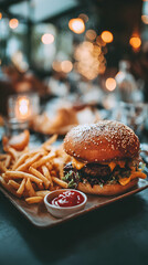Gourmet Burger With Fries And Ketchup Served On Wooden Plate Restaurant Setting