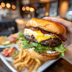Hand Holding Delicious Gourmet Burger With Fresh Ingredients and Fries