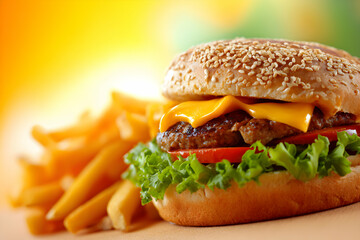 Cheeseburger with Fries on a Table with Selective Focus and Sunlight