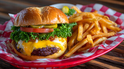 Close-up of a Classic Cheeseburger and Fries in a Red Checkered Basket